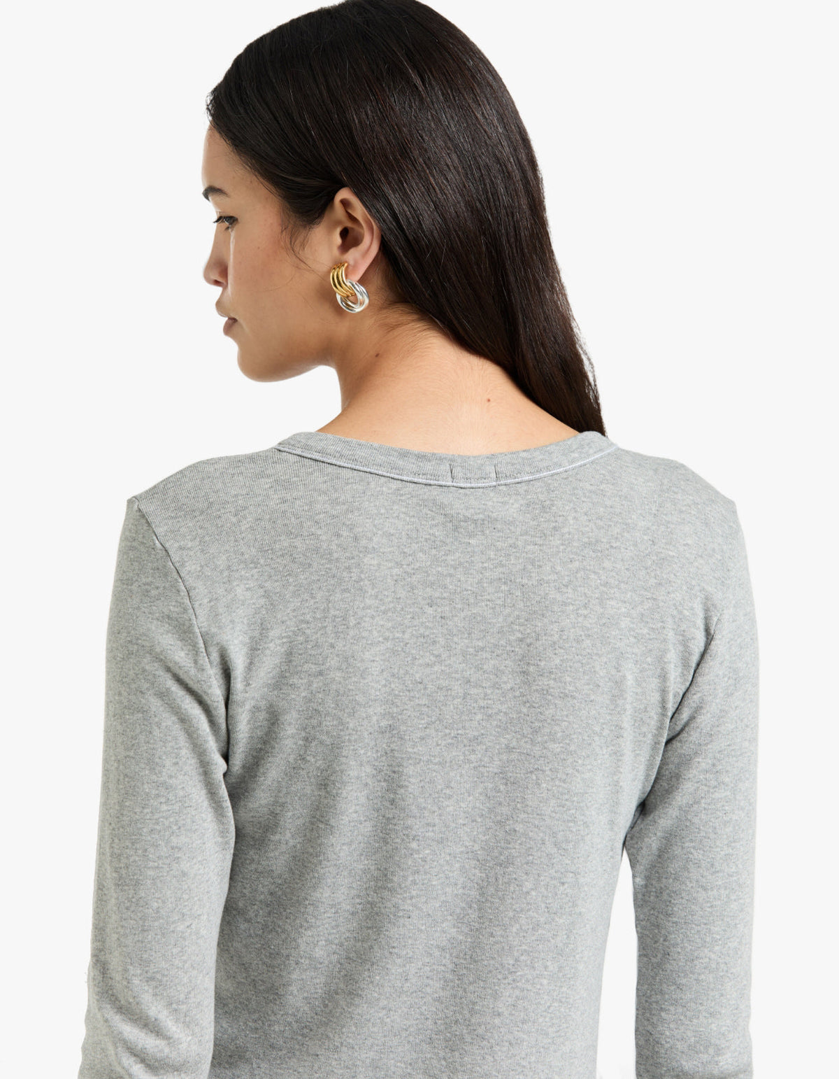 Scoop Hem Placket T-Shirt - Greymarl/Check