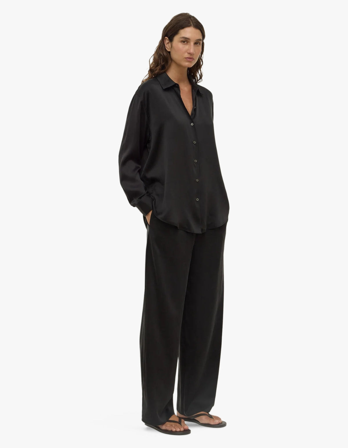 Pippa Silk Long Sleeve Shirt - Black