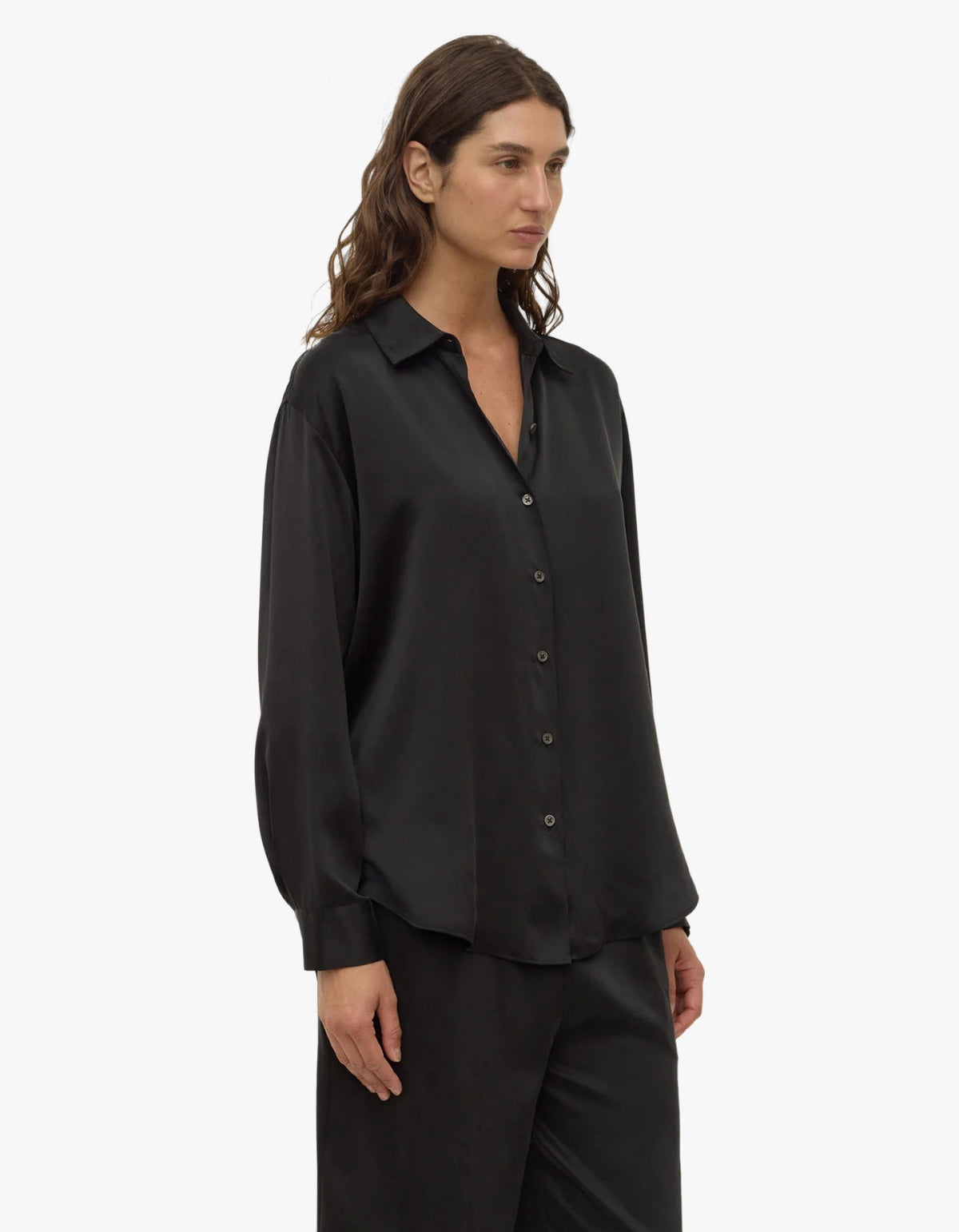 Pippa Silk Long Sleeve Shirt - Black