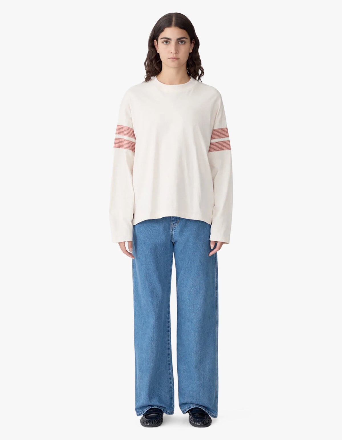 Boxy Rib Insert Long Sleeve T-Shirt - Ecru/Red