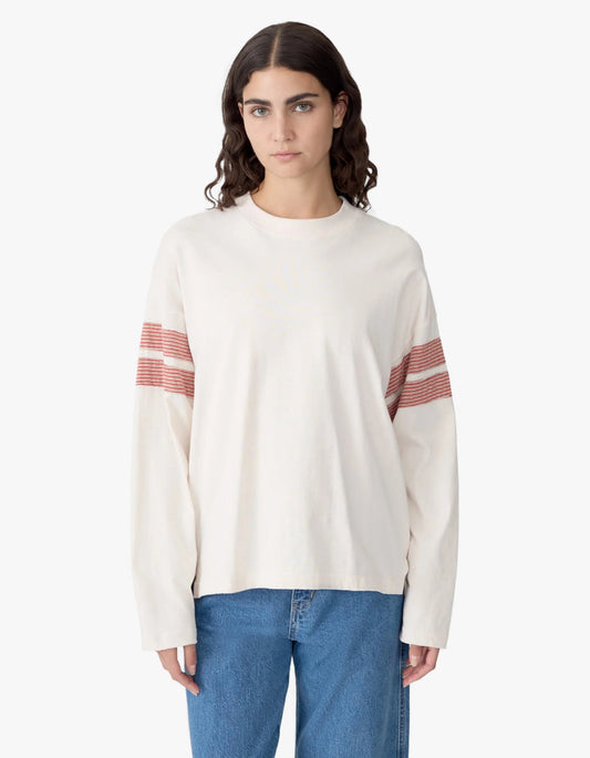 Boxy Rib Insert Long Sleeve T-Shirt - Ecru/Red
