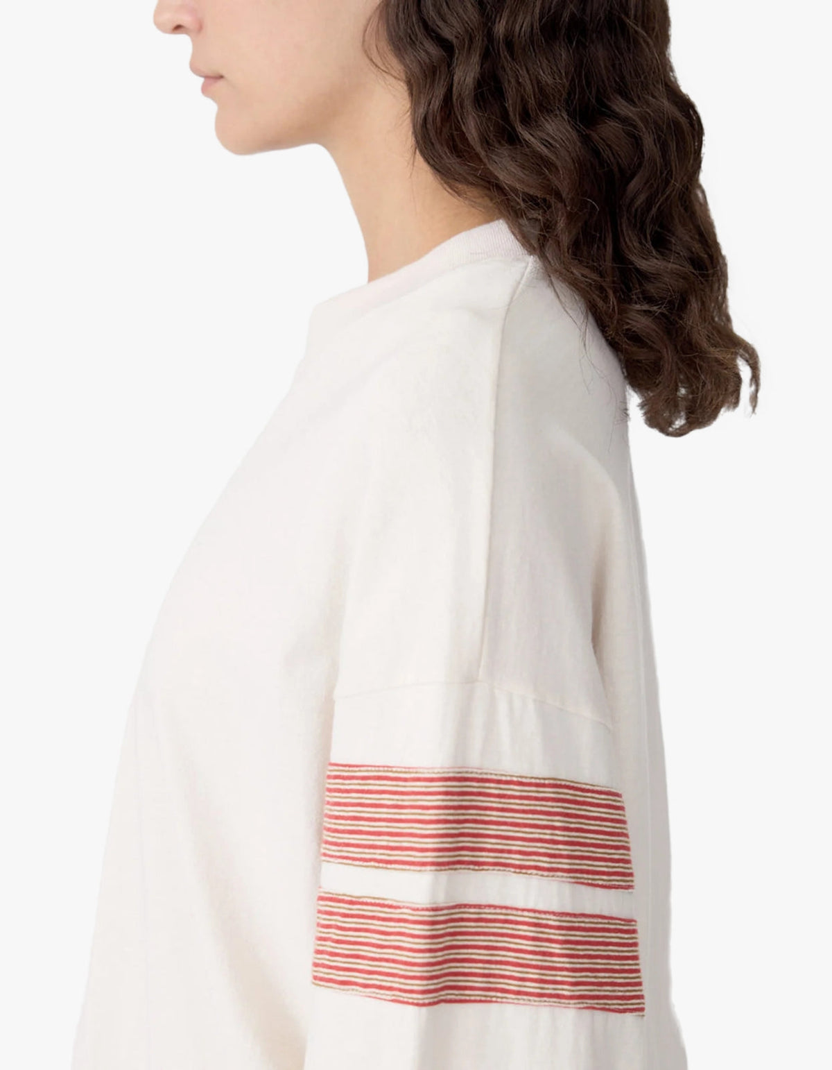 Boxy Rib Insert Long Sleeve T-Shirt - Ecru/Red