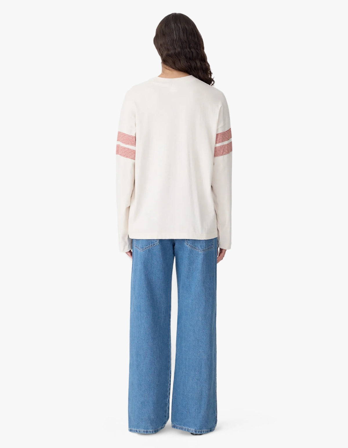 Boxy Rib Insert Long Sleeve T-Shirt - Ecru/Red