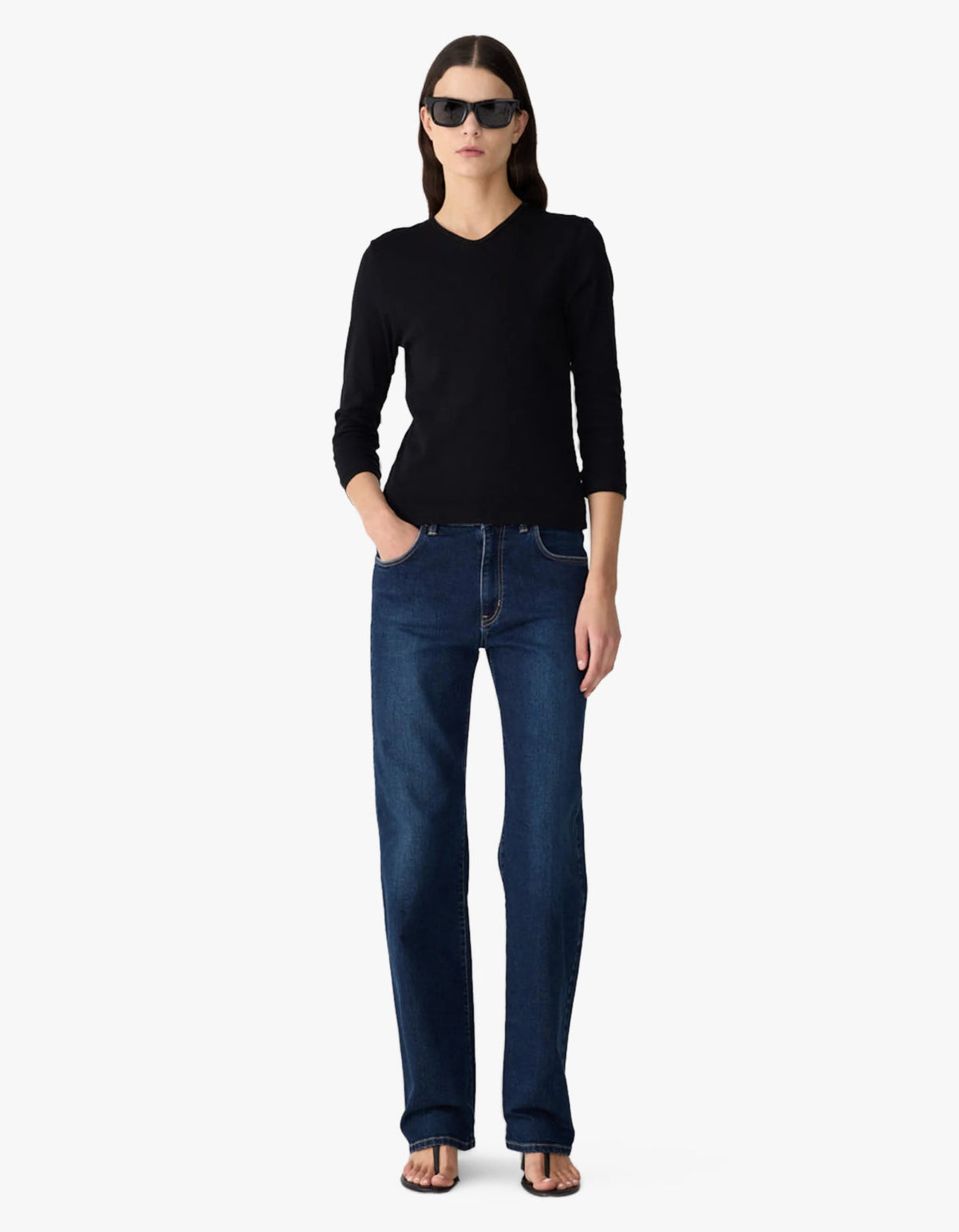 3/4 Sleeve V-Neck T-Shirt - Black