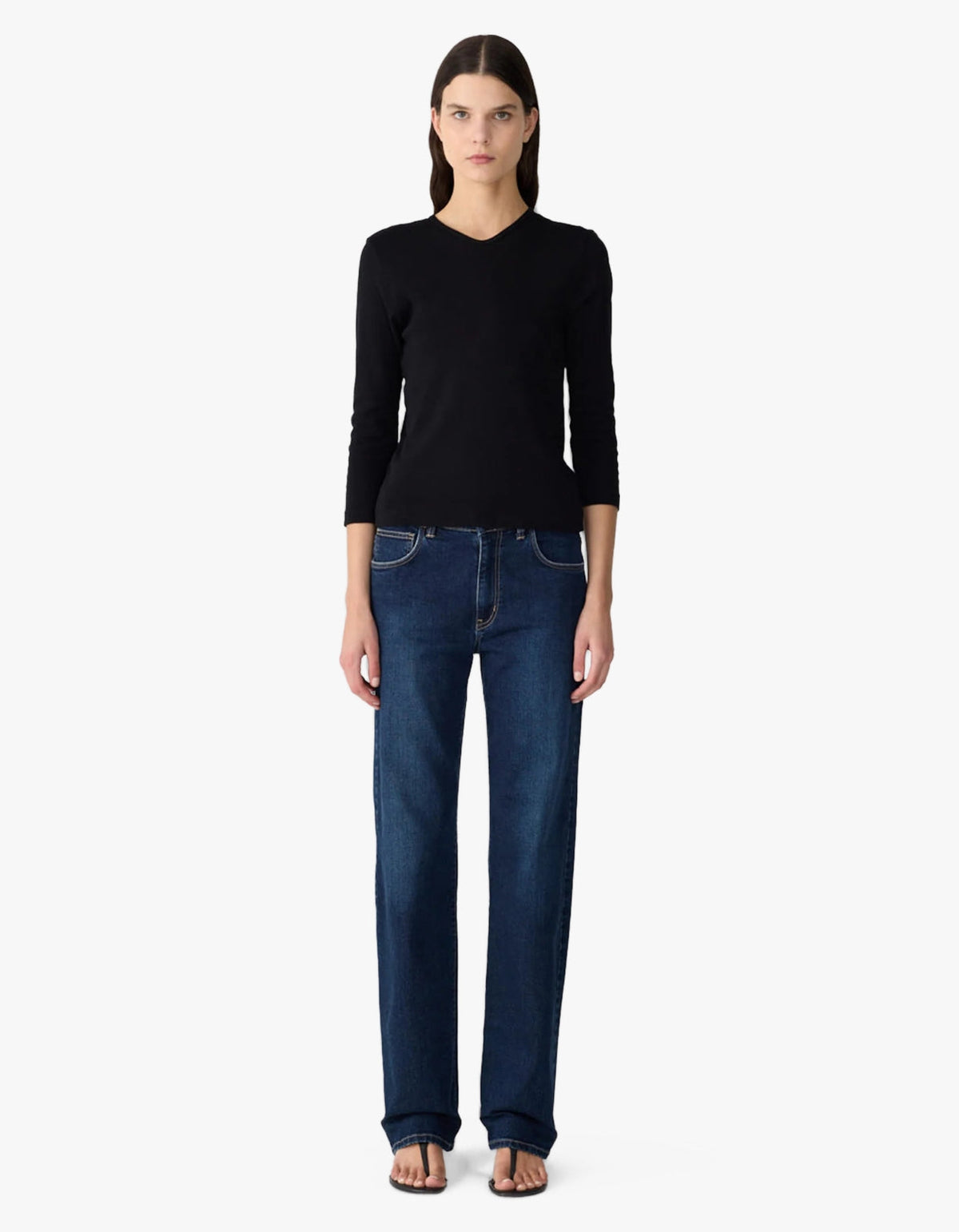 3/4 Sleeve V-Neck T-Shirt - Black