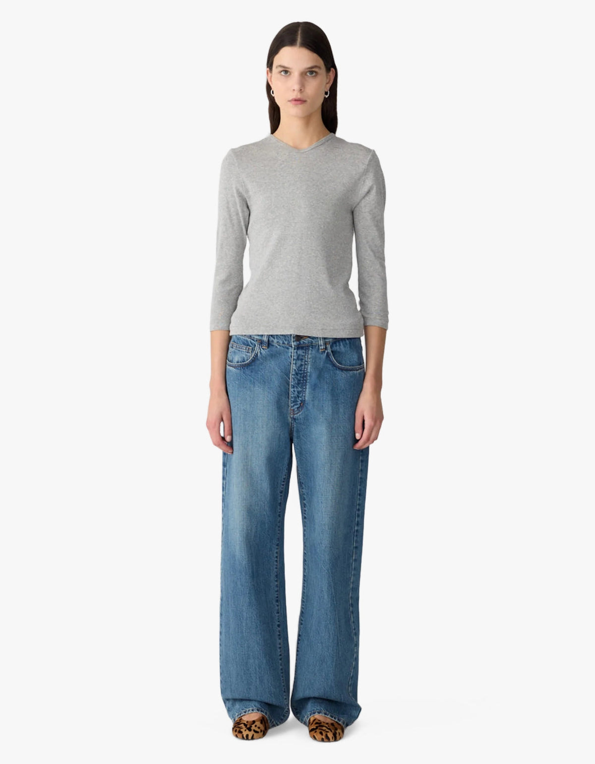 3/4 Sleeve V-Neck T-Shirt - Grey Marle