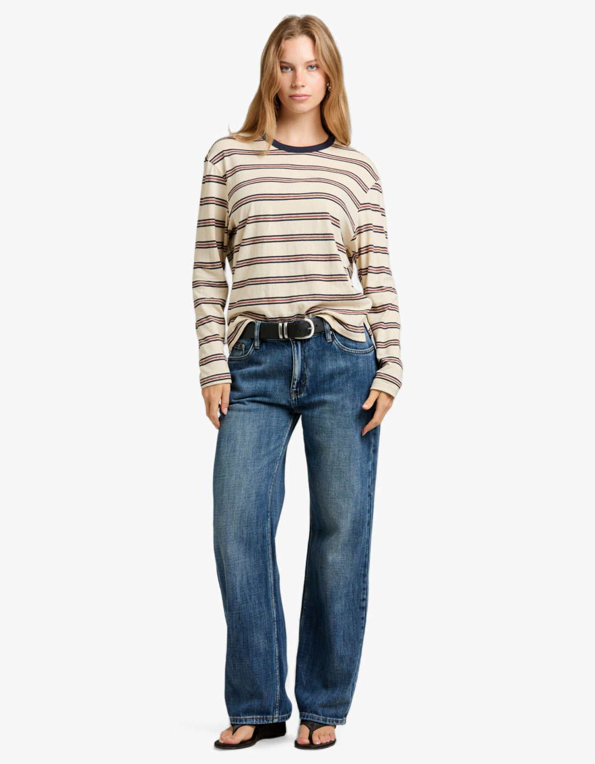 Stripe Boyfriend Htg L/S T-Shirt - Navy/Red/Natural