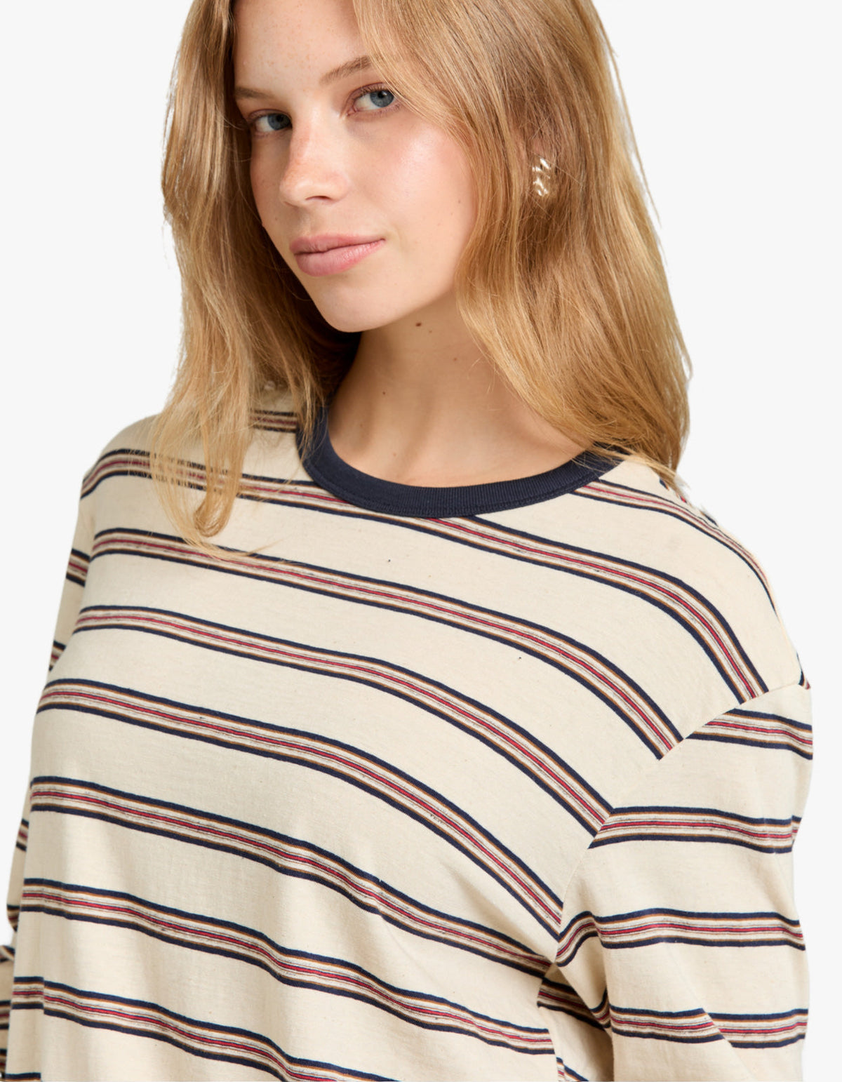 Stripe Boyfriend Htg L/S T-Shirt - Navy/Red/Natural