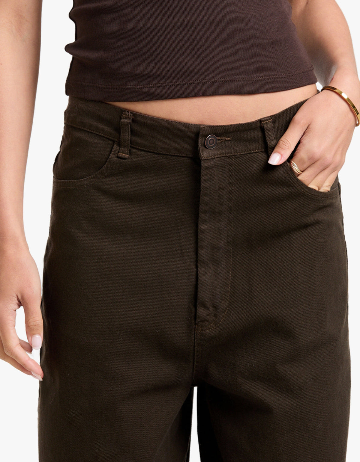 Cotton Twill Barrel Leg Pant - Chocolate Brown