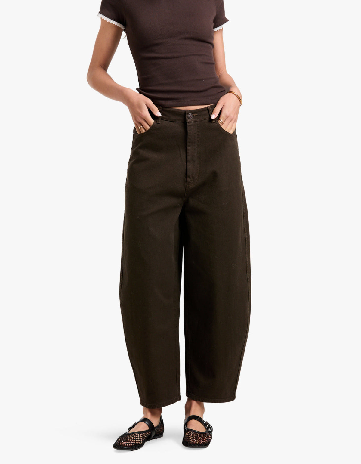 Cotton Twill Barrel Leg Pant - Chocolate Brown