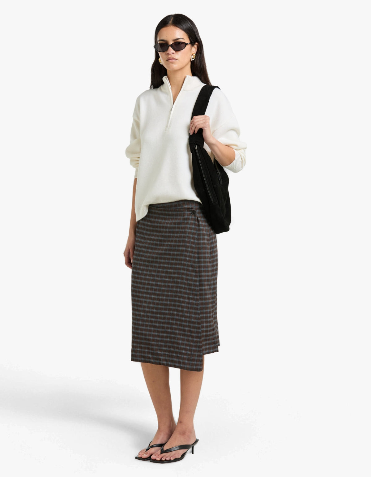 Check Asymmetric Wrap Skirt - Dark Brown/Pale Blue Check