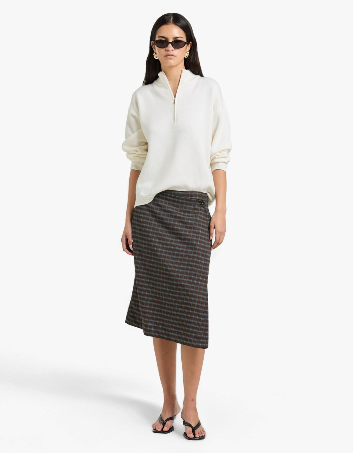 Check Asymmetric Wrap Skirt - Dark Brown/Pale Blue Check
