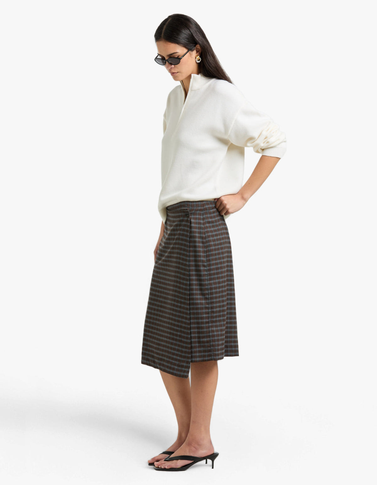 Check Asymmetric Wrap Skirt - Dark Brown/Pale Blue Check