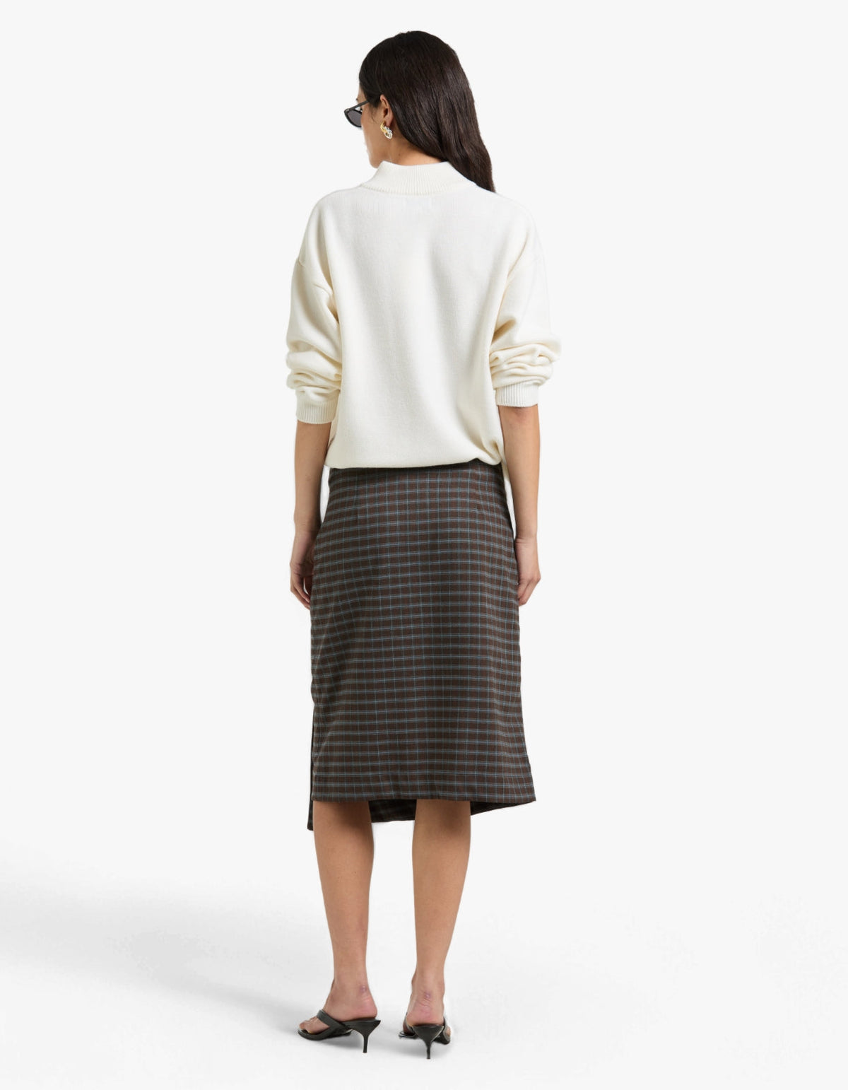 Check Asymmetric Wrap Skirt - Dark Brown/Pale Blue Check