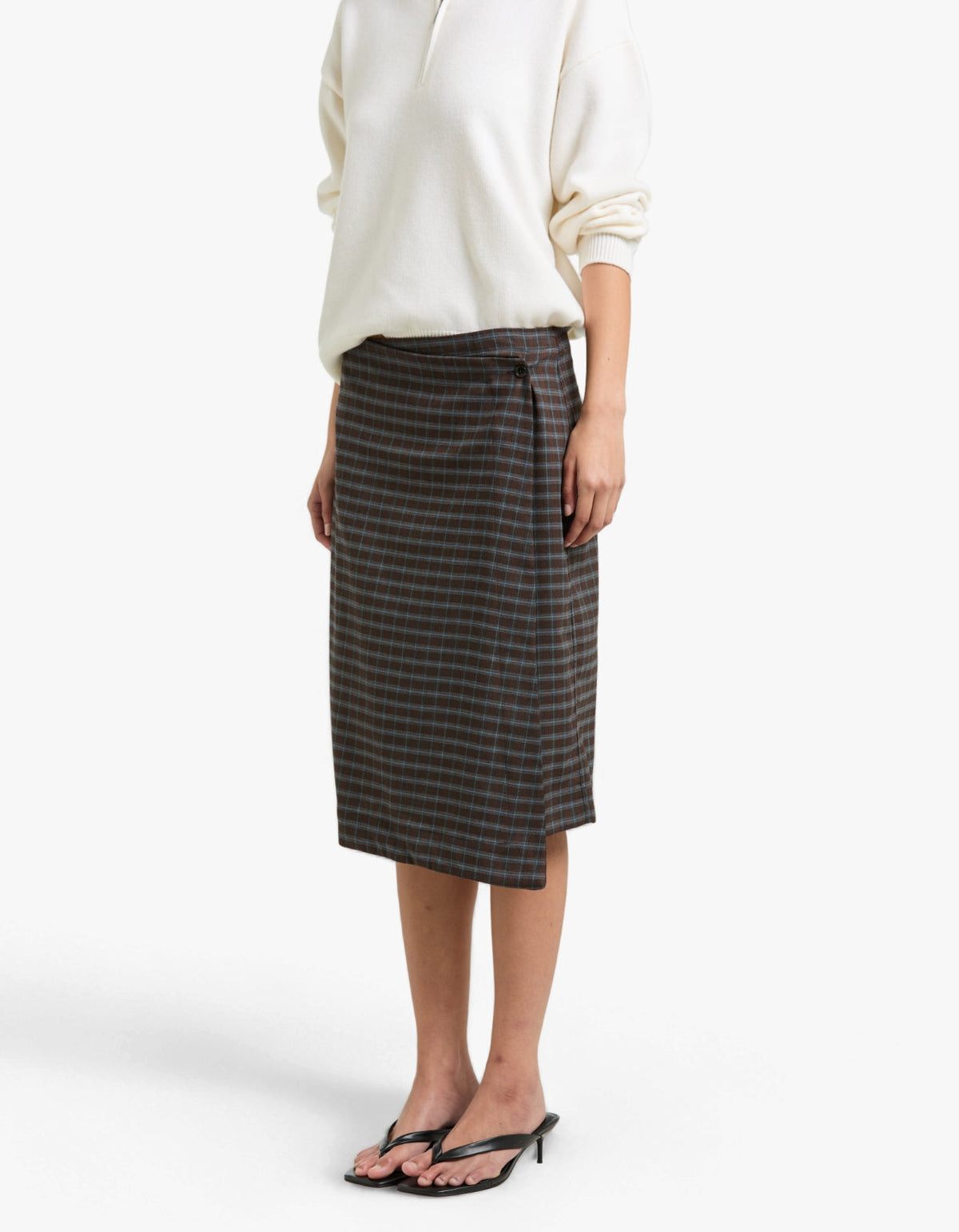 Check Asymmetric Wrap Skirt - Dark Brown/Pale Blue Check