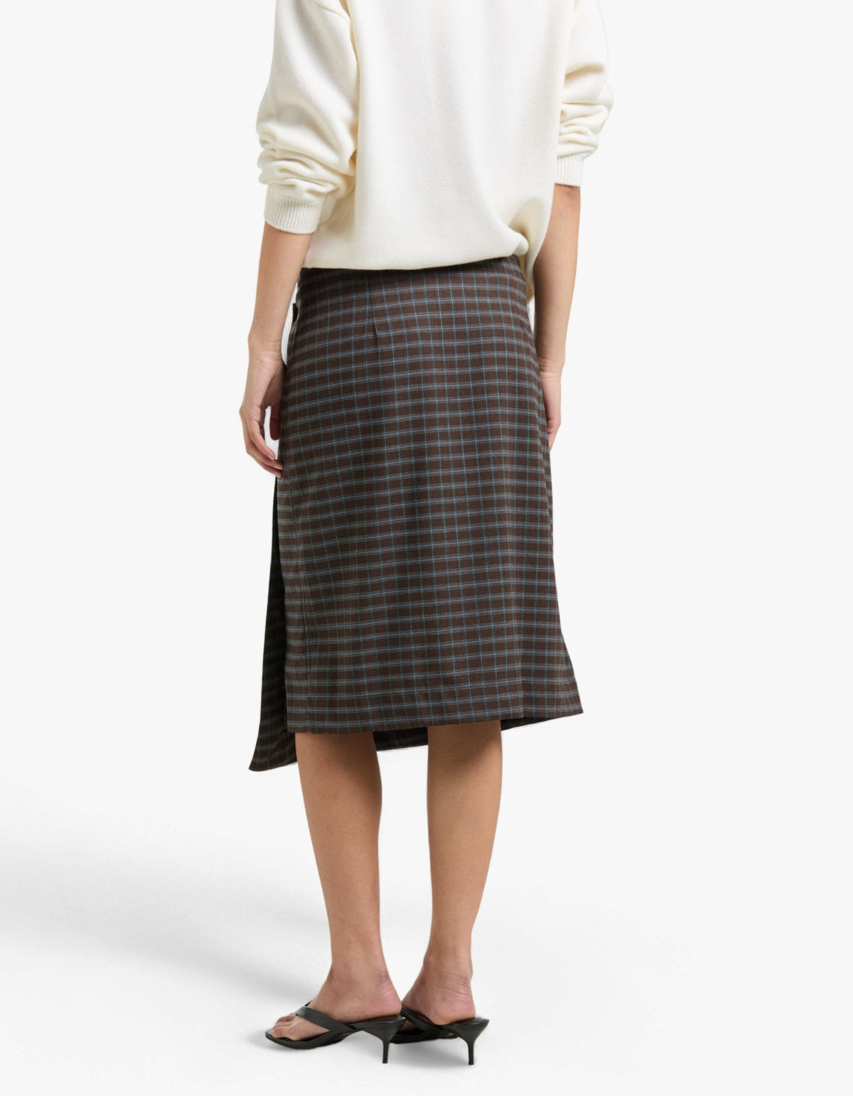 Check Asymmetric Wrap Skirt - Dark Brown/Pale Blue Check