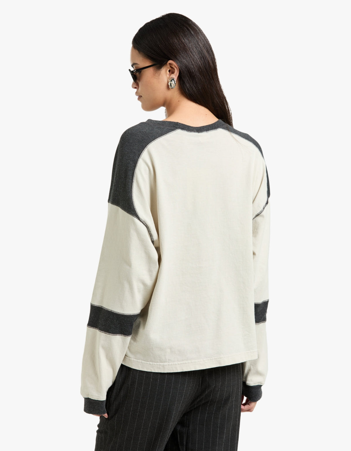 Long Sleeve Slouch Panelled T-Shirt - Ecru/Charcoal Marl