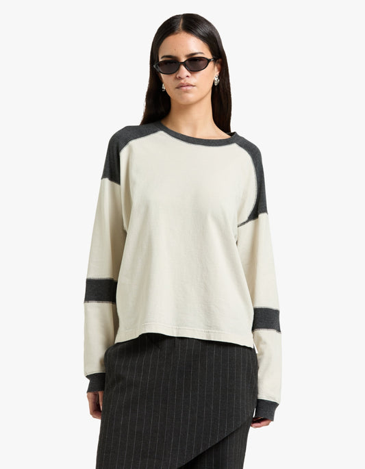 Long Sleeve Slouch Panelled T-Shirt - Ecru/Charcoal Marl