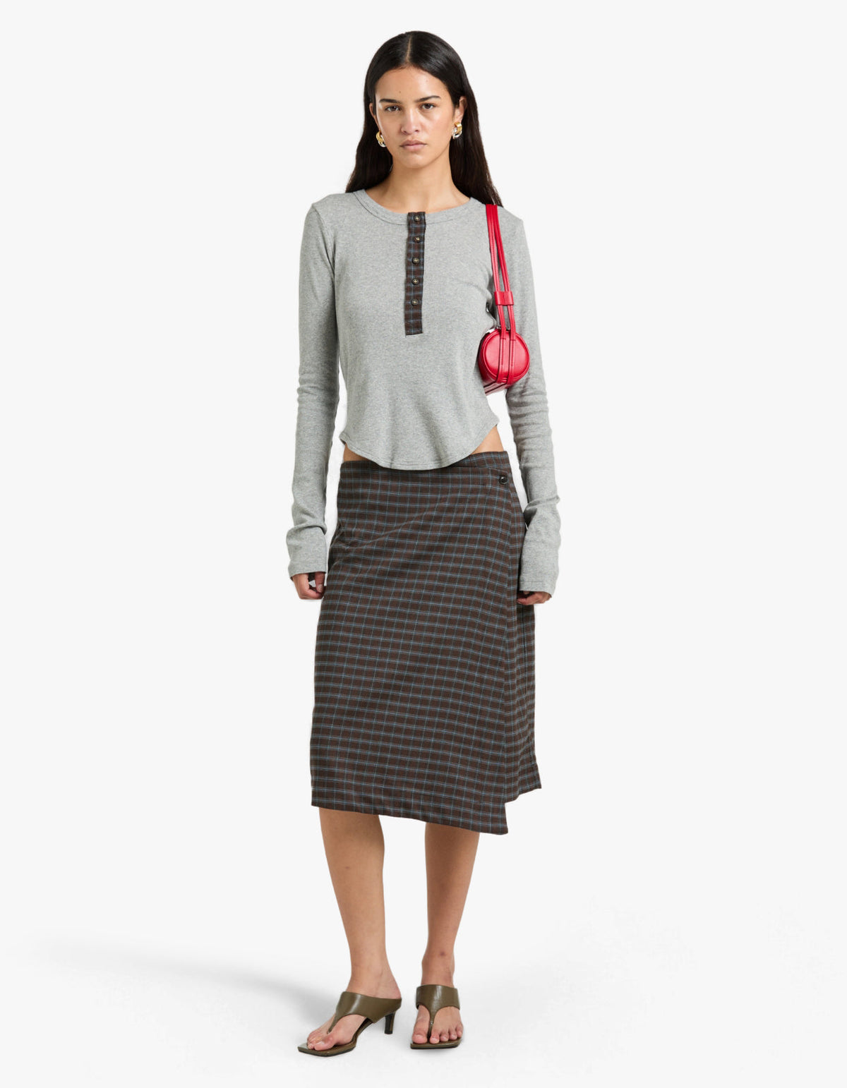 Scoop Hem Placket T-Shirt - Greymarl/Check