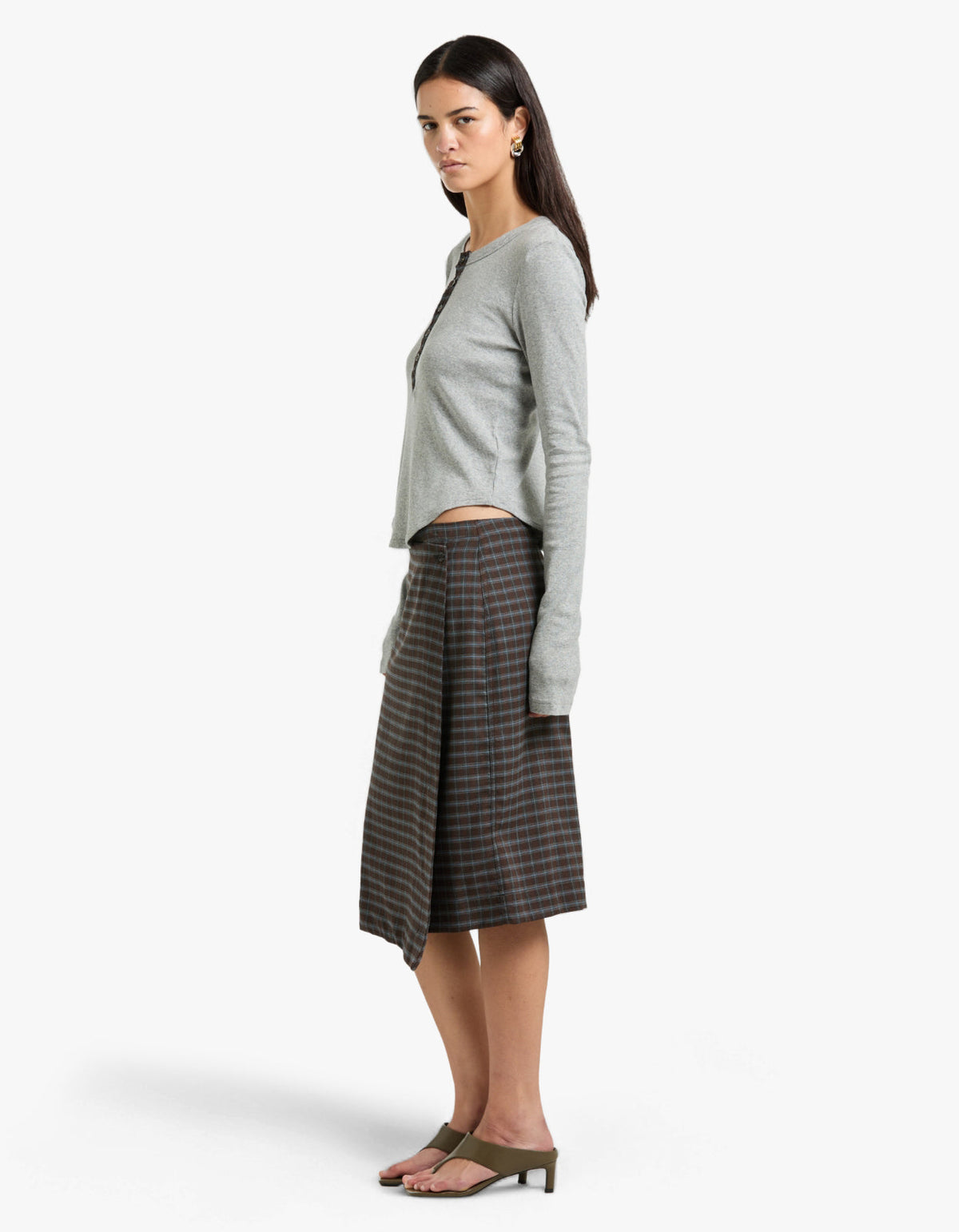 Scoop Hem Placket T-Shirt - Greymarl/Check