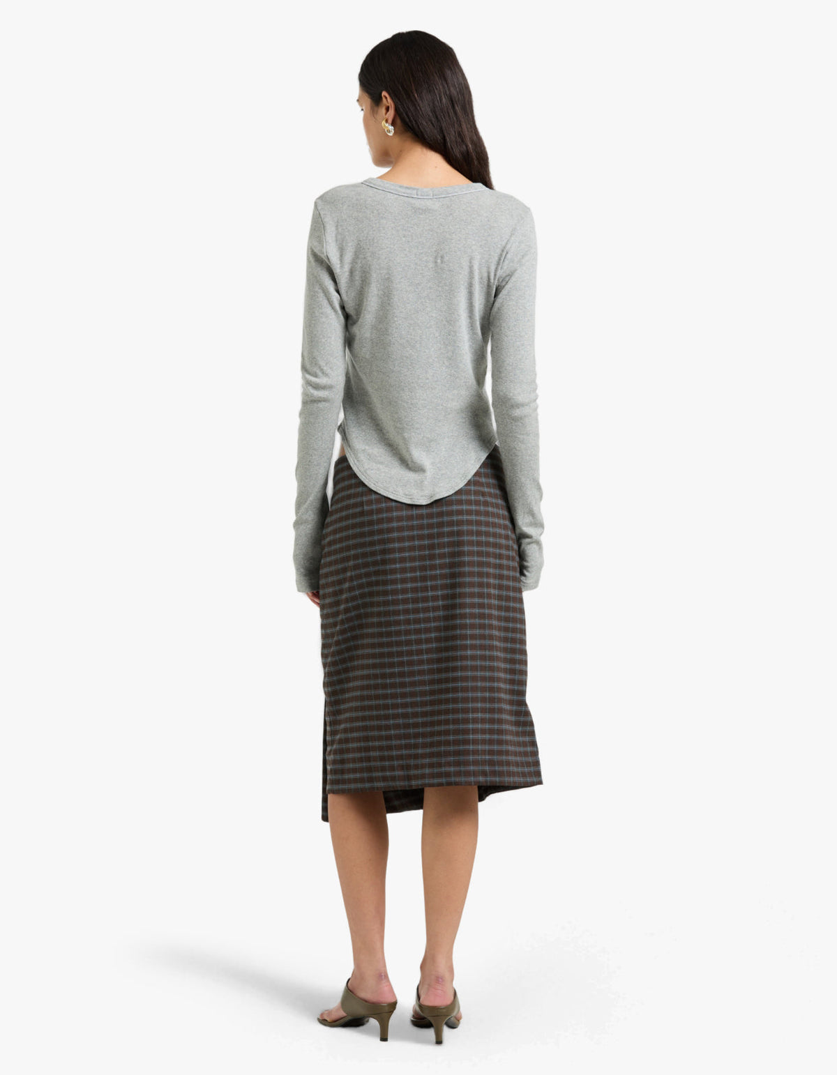 Scoop Hem Placket T-Shirt - Greymarl/Check
