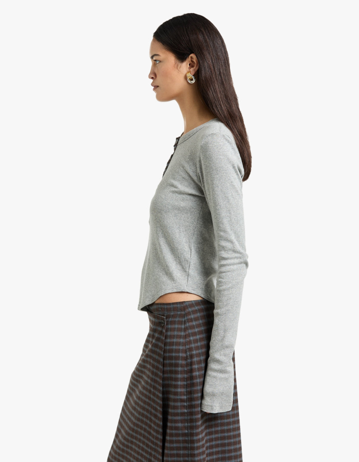 Scoop Hem Placket T-Shirt - Greymarl/Check