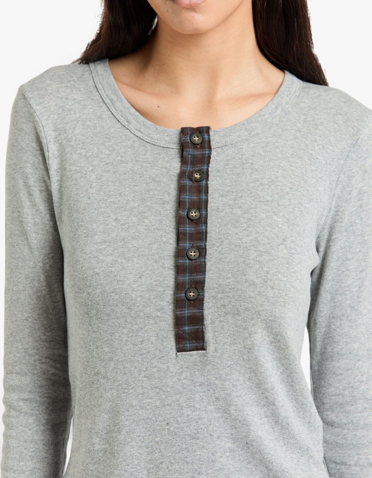 Scoop Hem Placket T-Shirt - Greymarl/Check