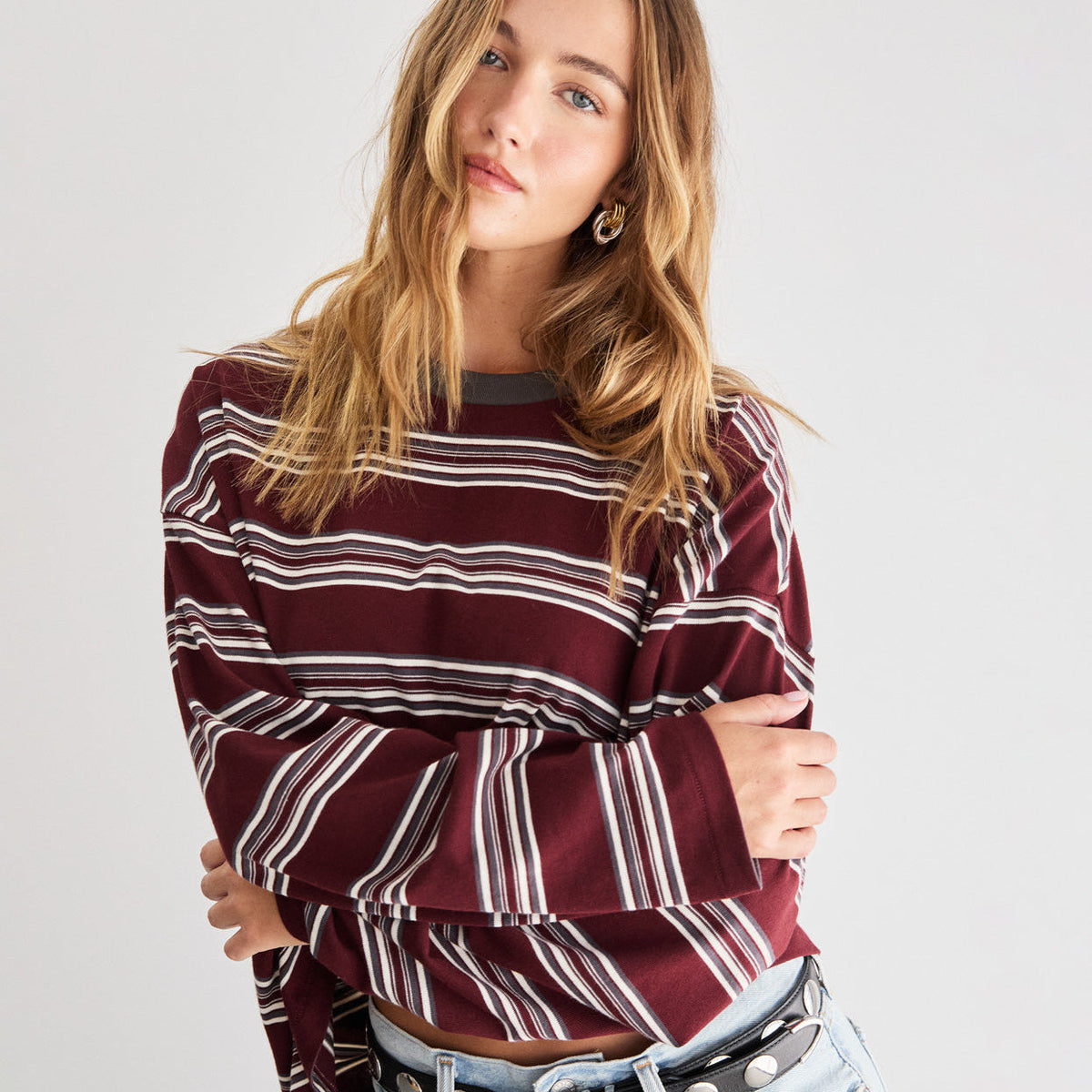 Bonnie L/S Stripe Tee - Burgundy Stripe