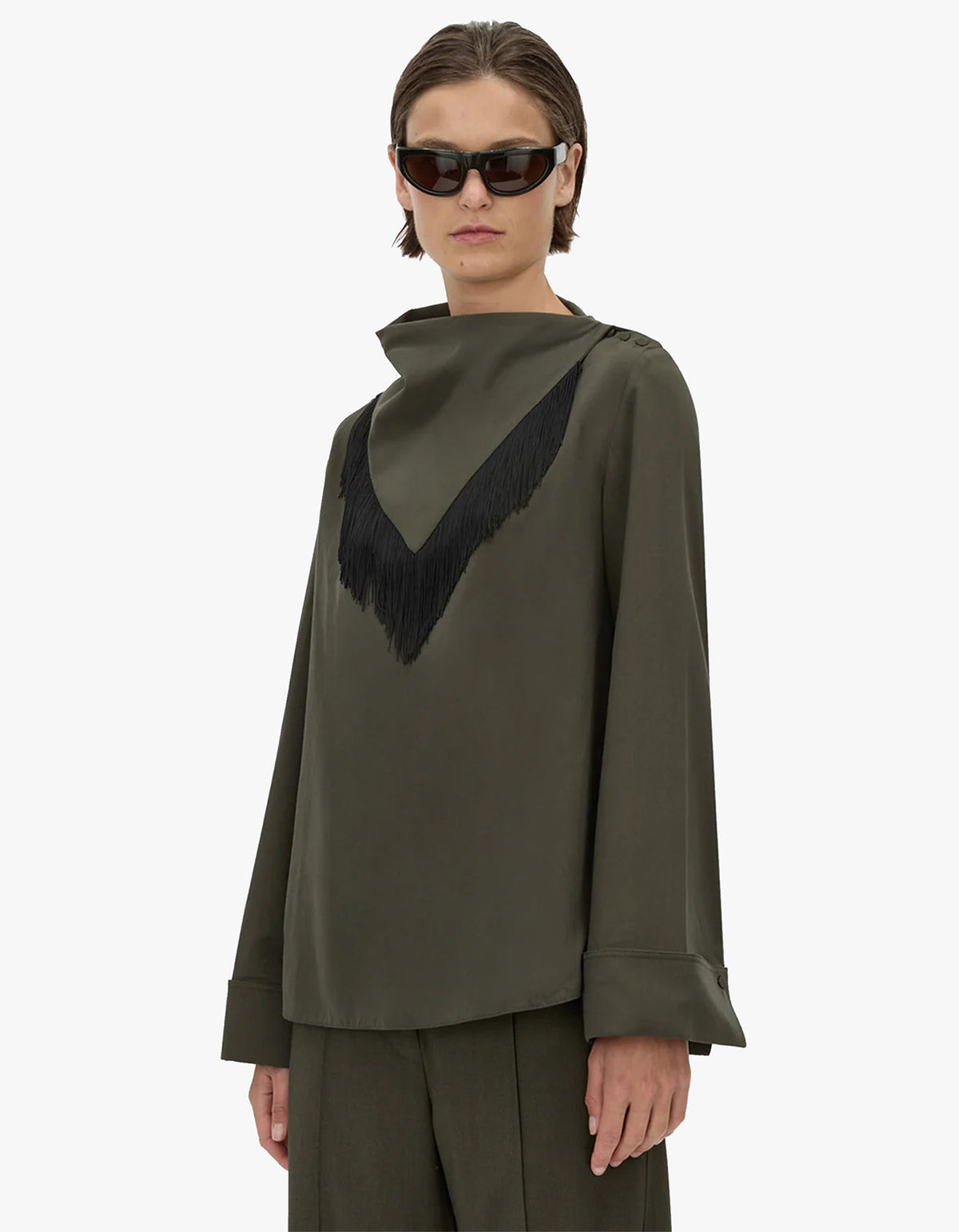 Una Drape Collar Shirt - Dark Emerald