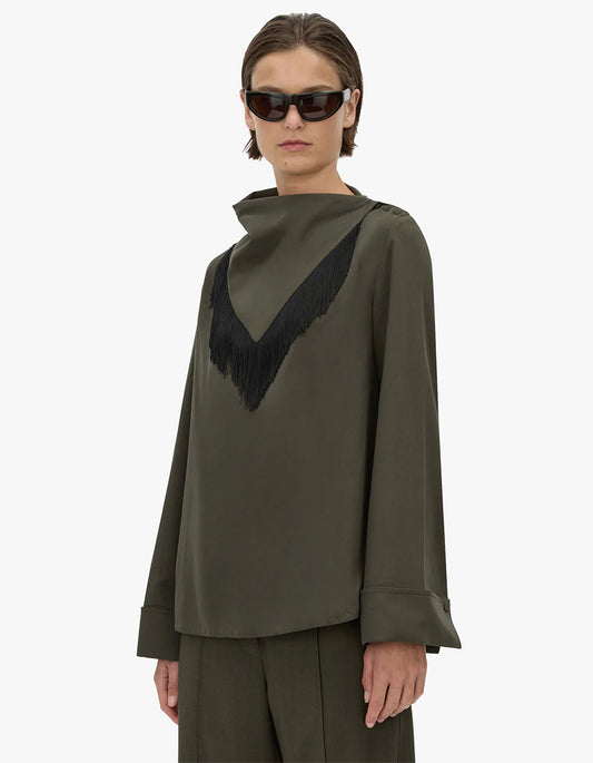 Una Drape Collar Shirt - Dark Emerald