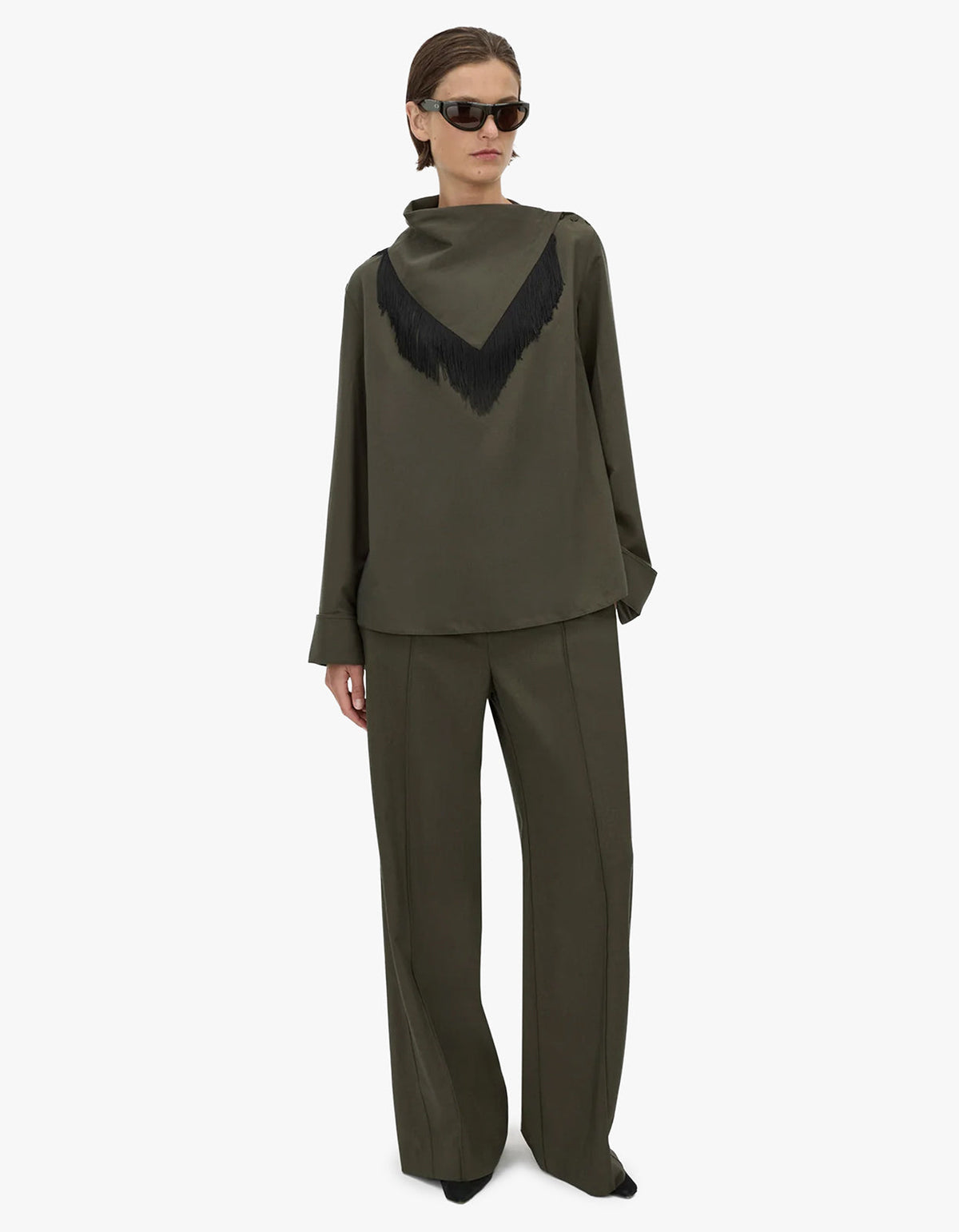 Una Drape Collar Shirt - Dark Emerald