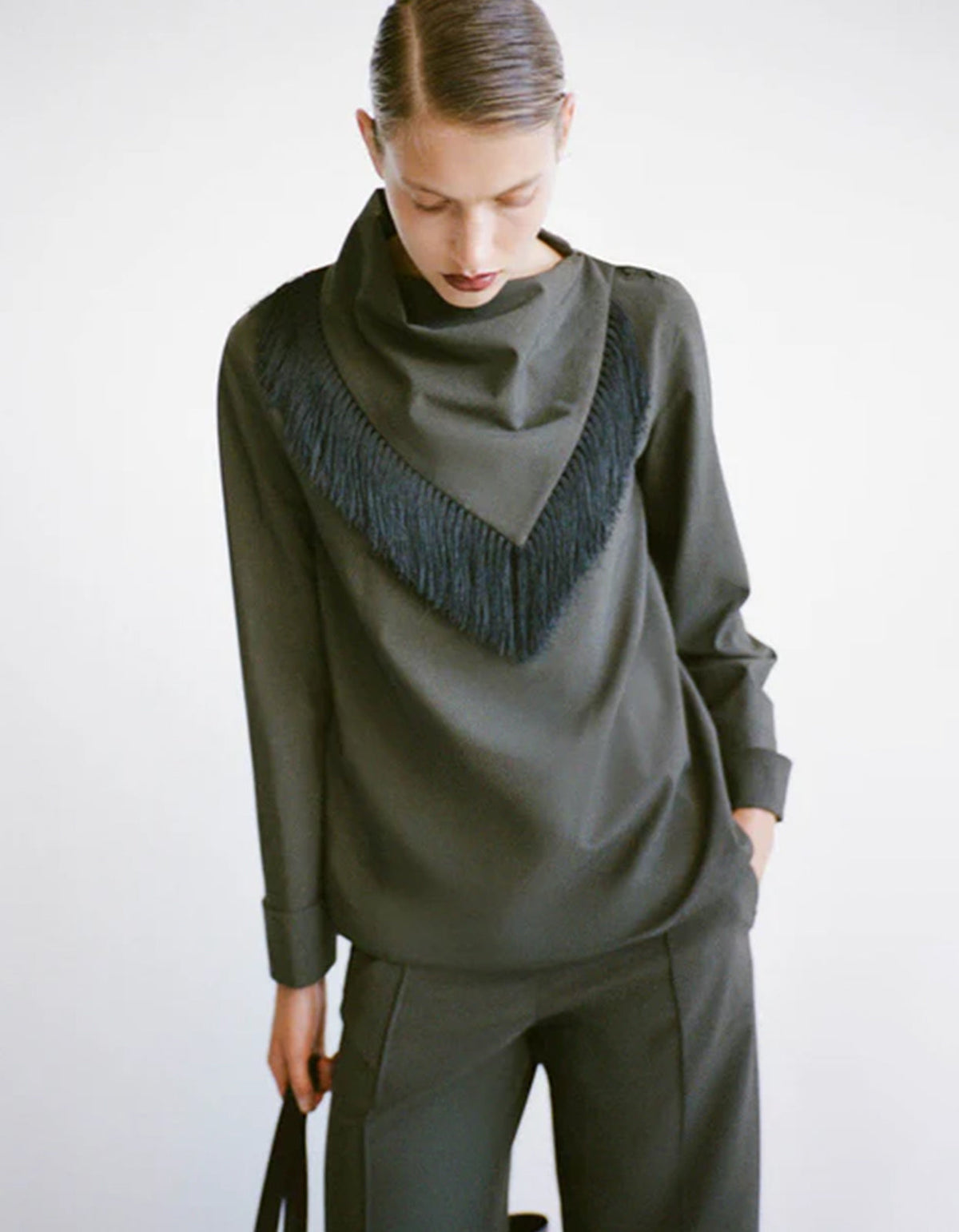 Una Drape Collar Shirt - Dark Emerald