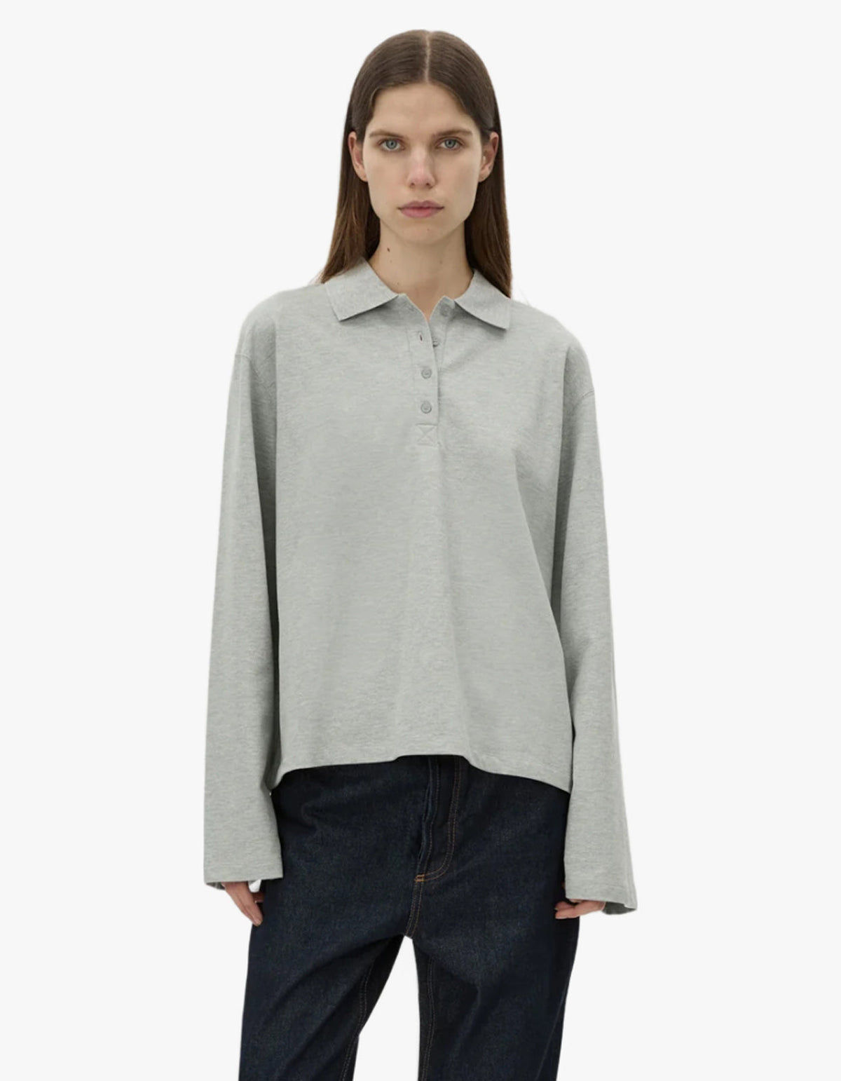 Moreno Long Sleeve Polo Top - Grey Marle