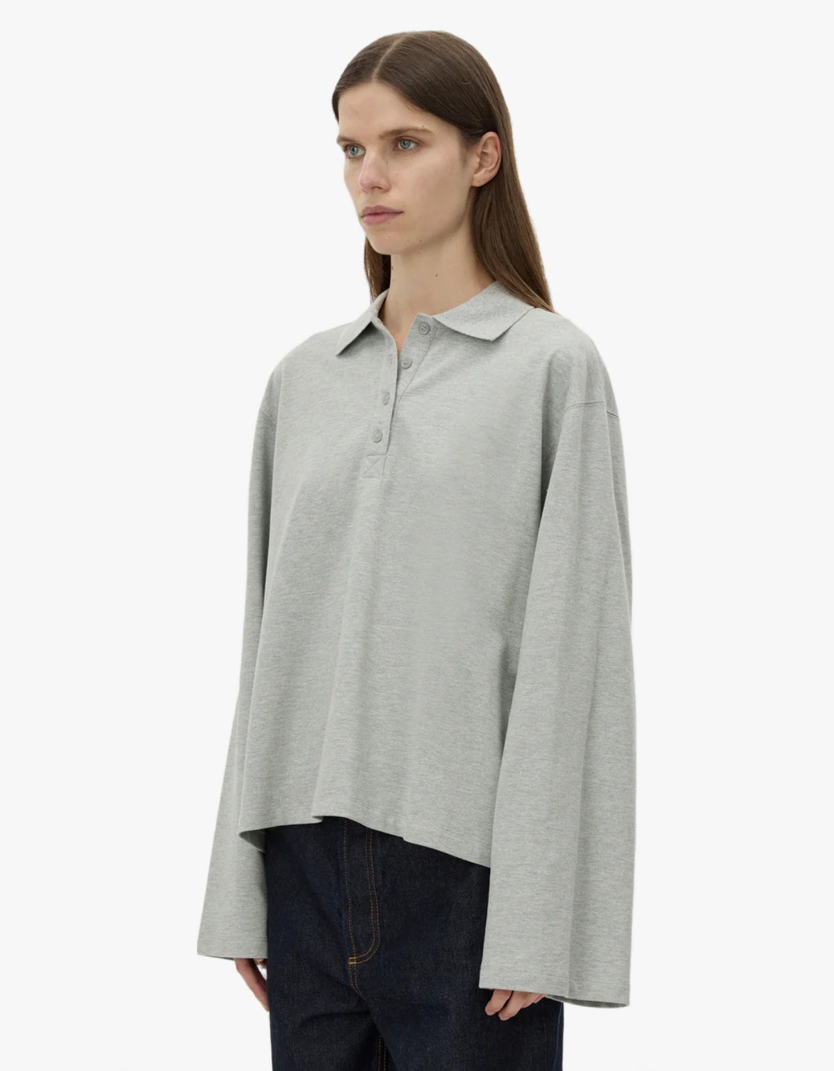 Moreno Long Sleeve Polo Top - Grey Marle