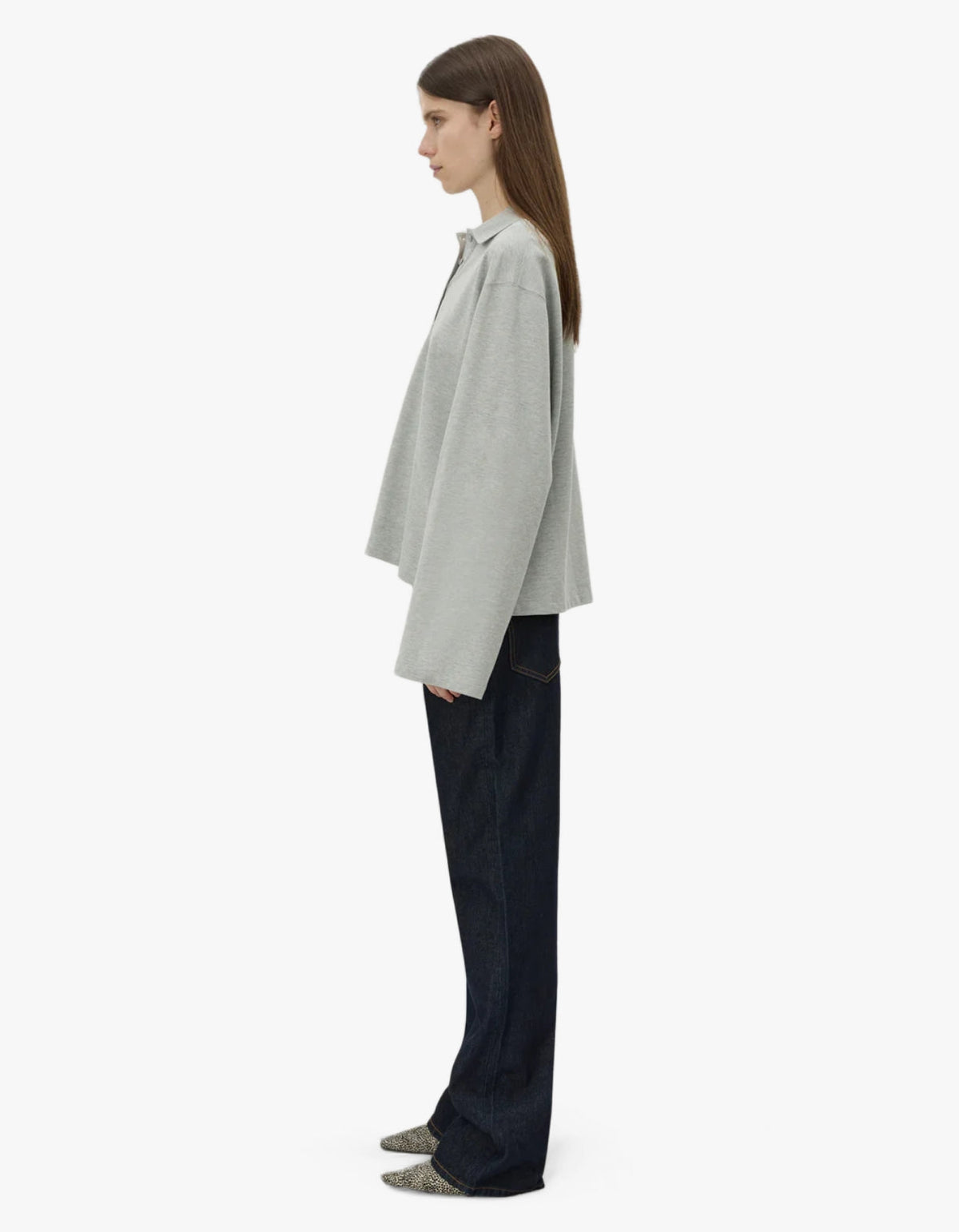 Moreno Long Sleeve Polo Top - Grey Marle