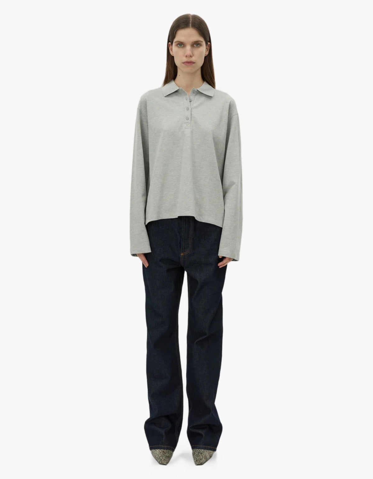 Moreno Long Sleeve Polo Top - Grey Marle