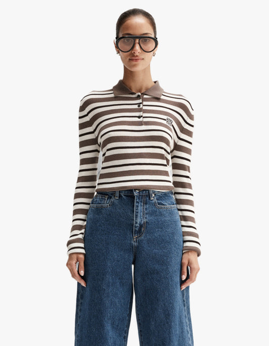 Ana Long Sleeve Polo - Chocolate Multi Stripe