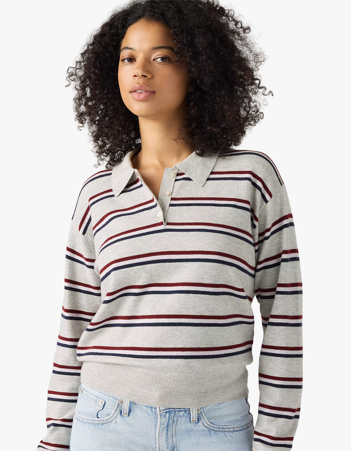 Super Soft L/S Polo - Jade Stripe Light Grey Heather