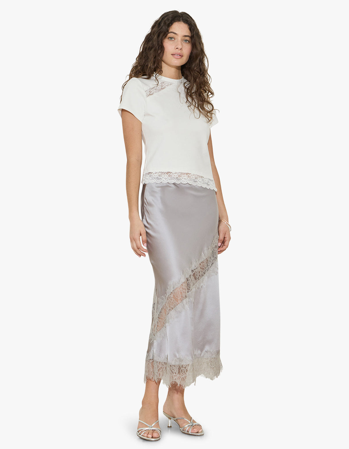 Silk Lace Midi Skirt - Silver