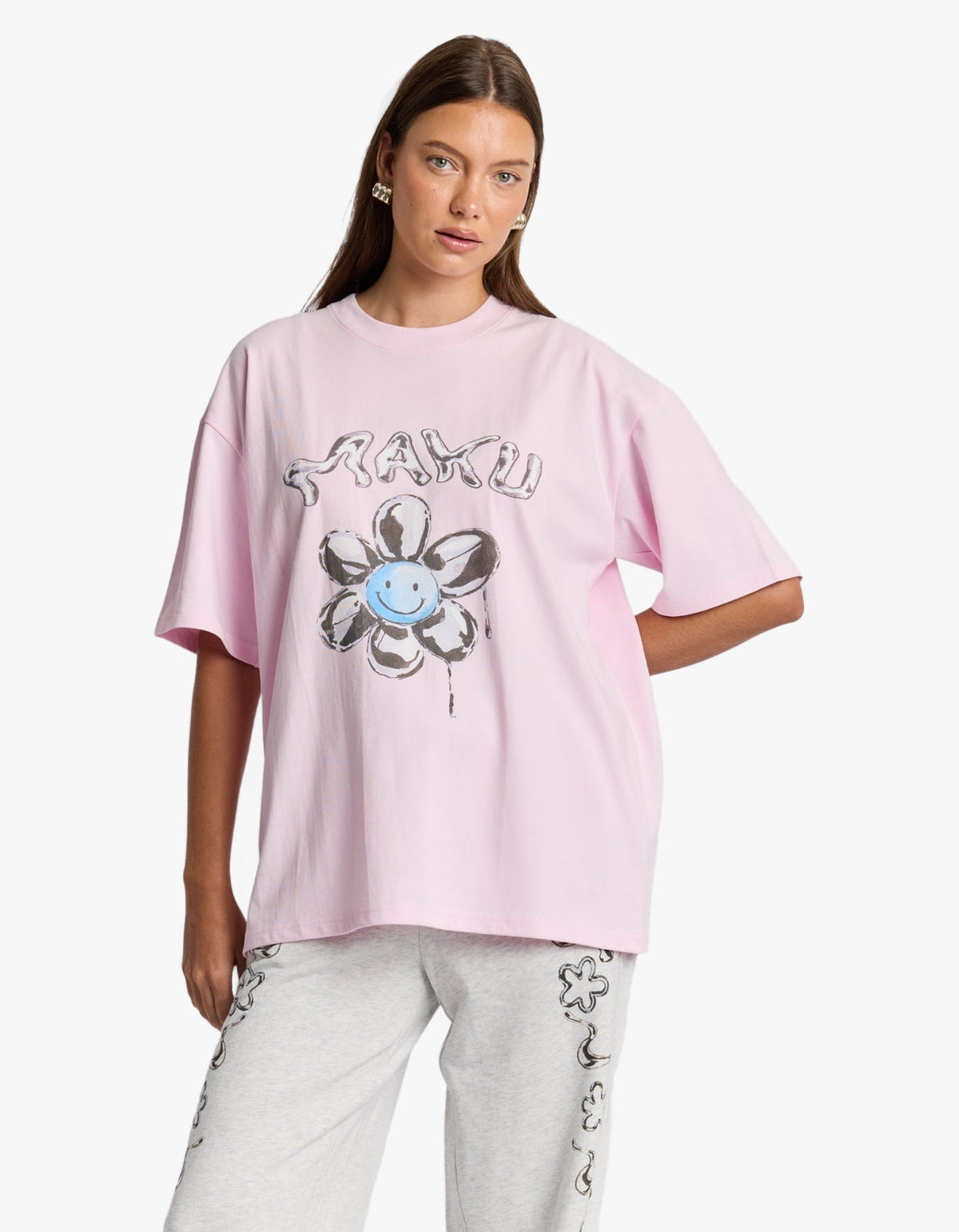 Smiley Flower Oversize Tee - Baby Pink