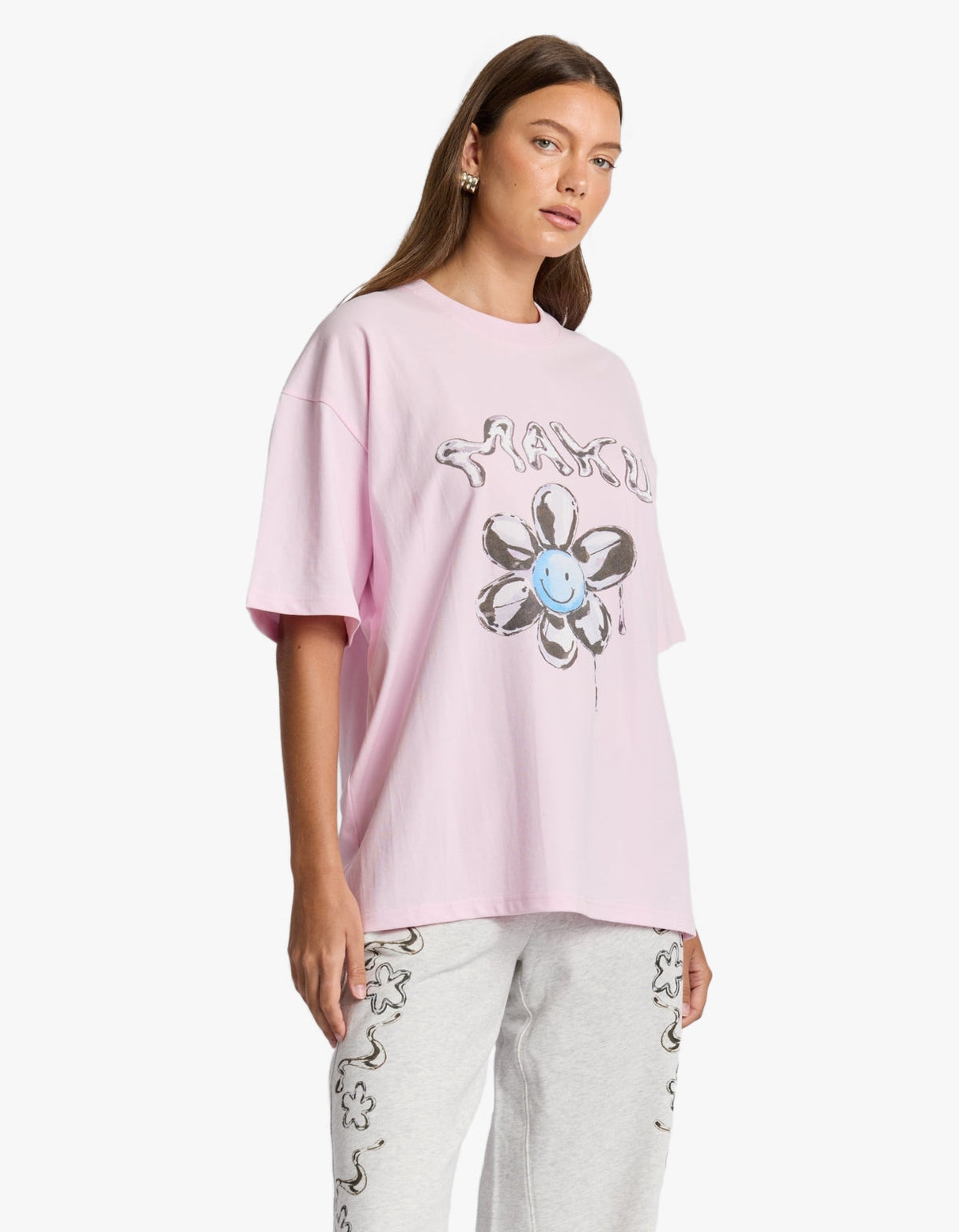 Smiley Flower Oversize Tee - Baby Pink
