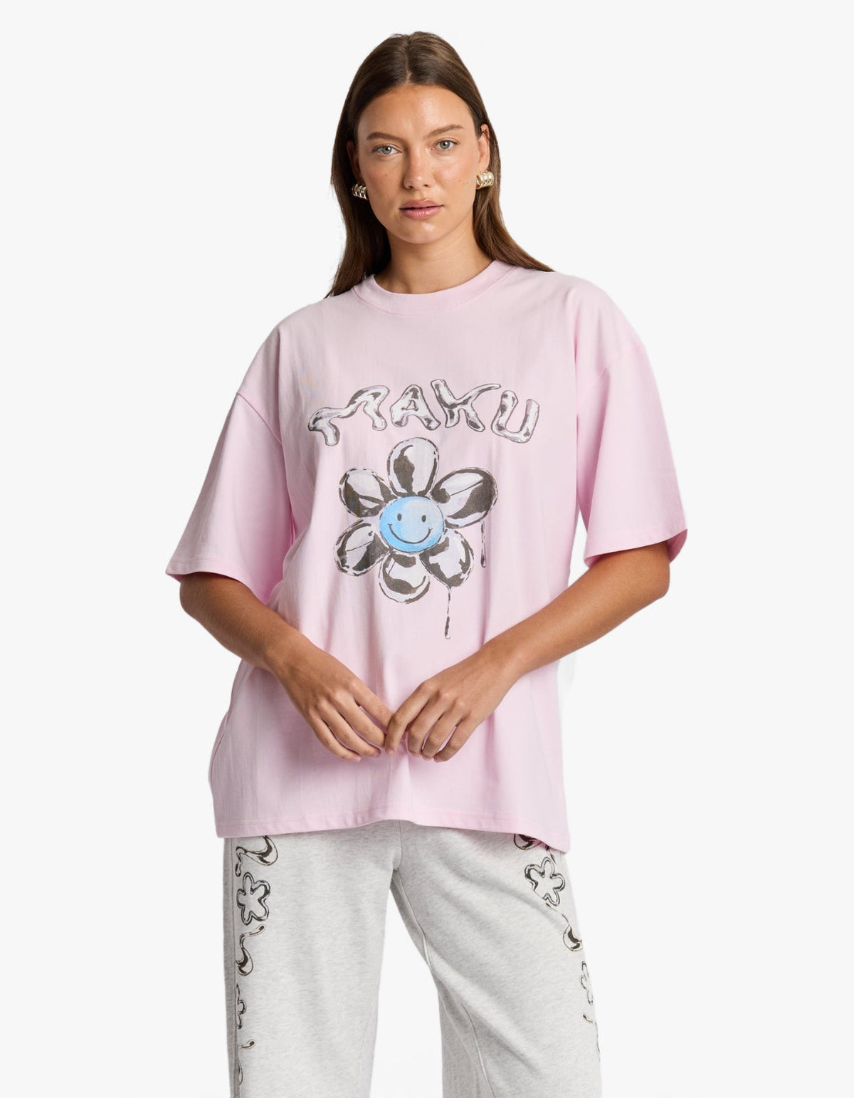 Smiley Flower Oversize Tee - Baby Pink