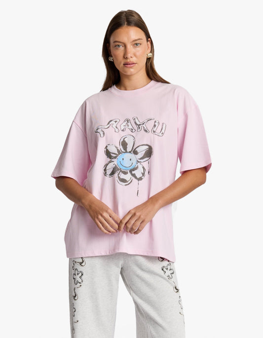 Smiley Flower Oversize Tee - Baby Pink