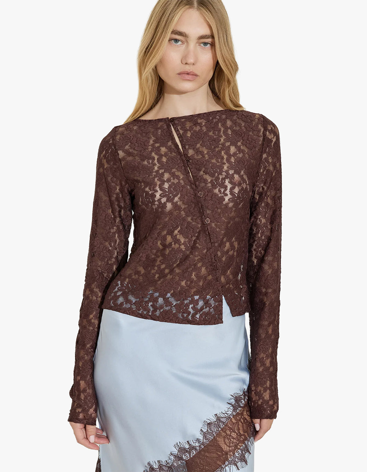 Asymetric Lace Top - Chocolate