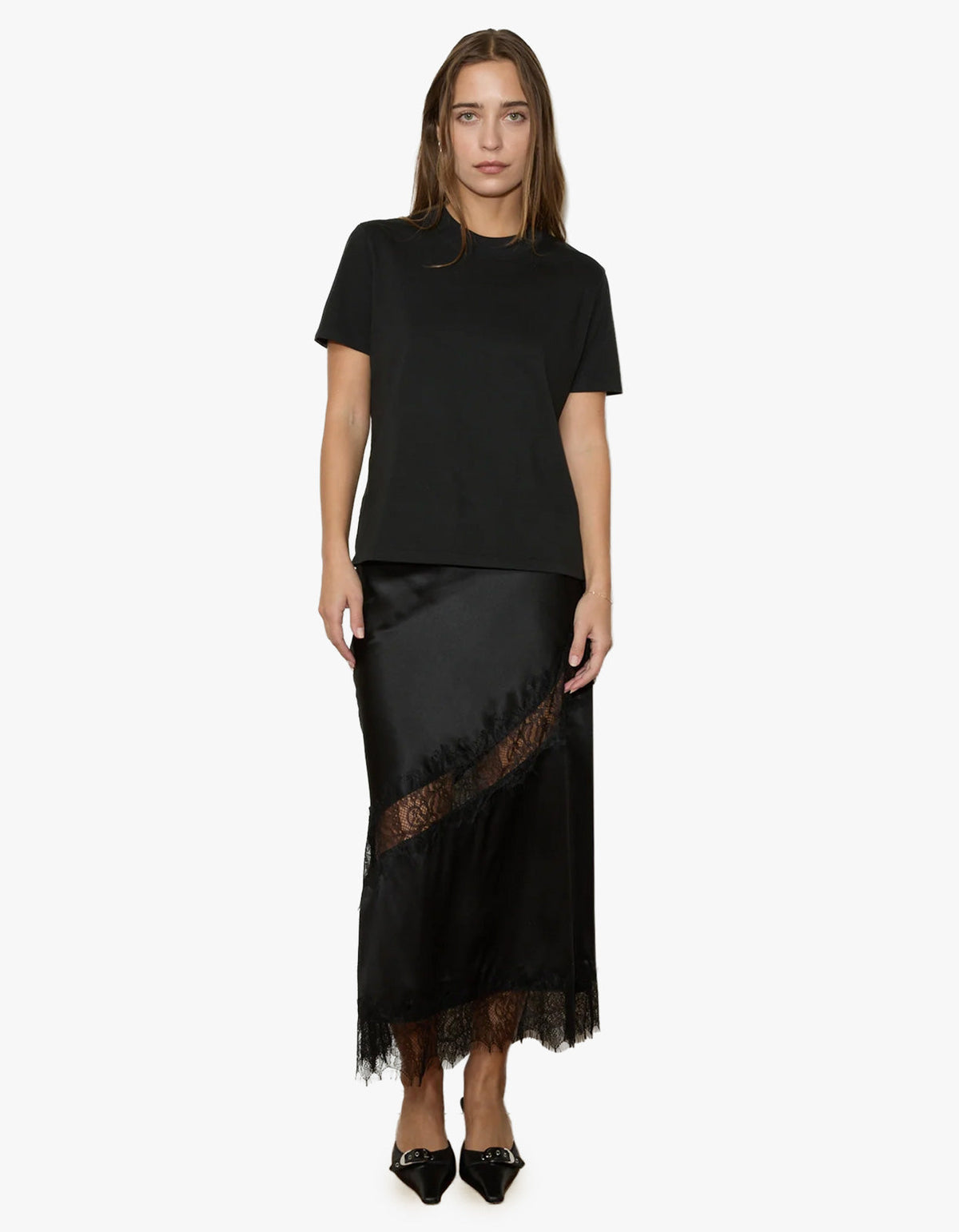 Silk Lace Midi Skirt - Black