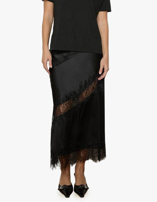Silk Lace Midi Skirt - Black
