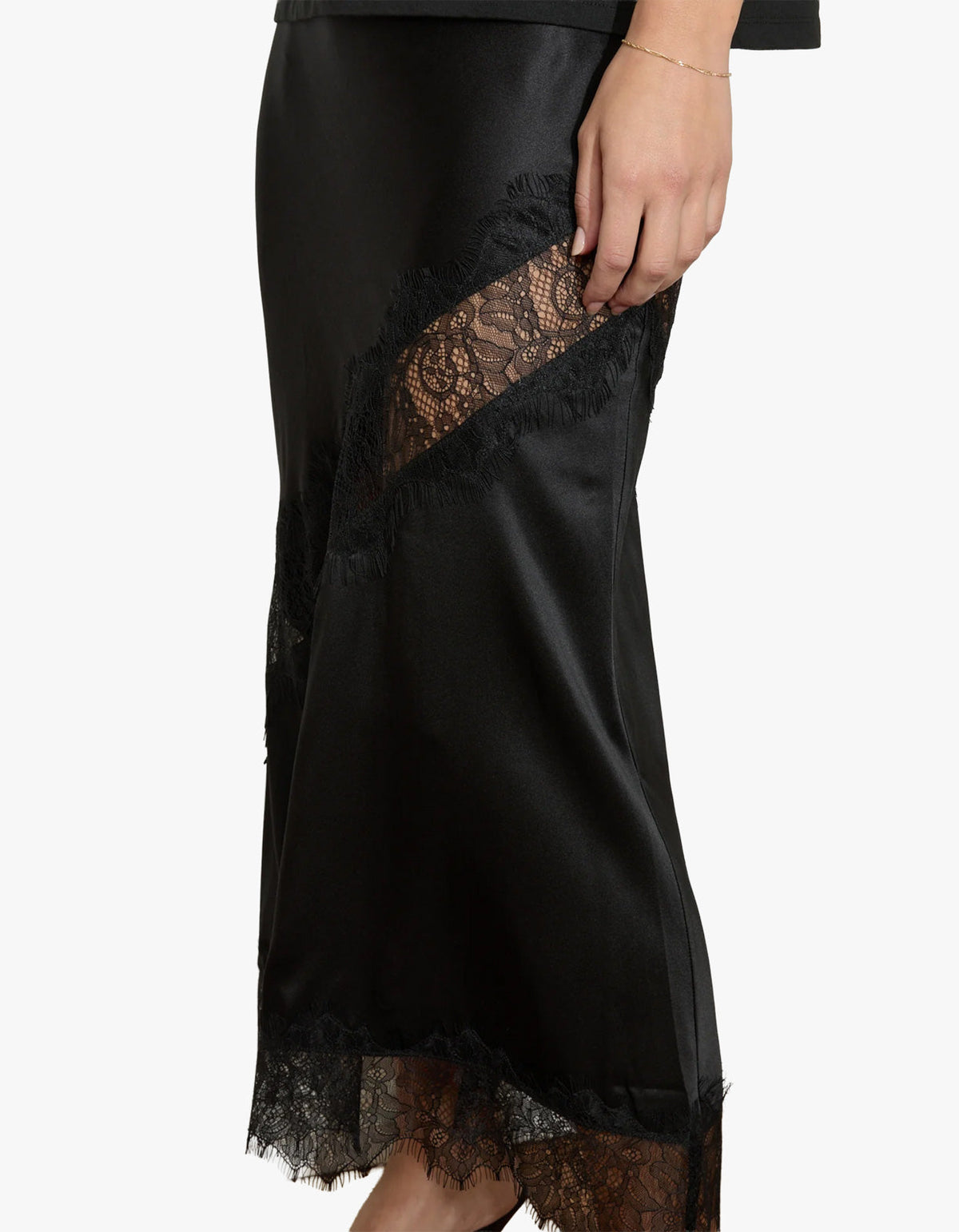 Silk Lace Midi Skirt - Black