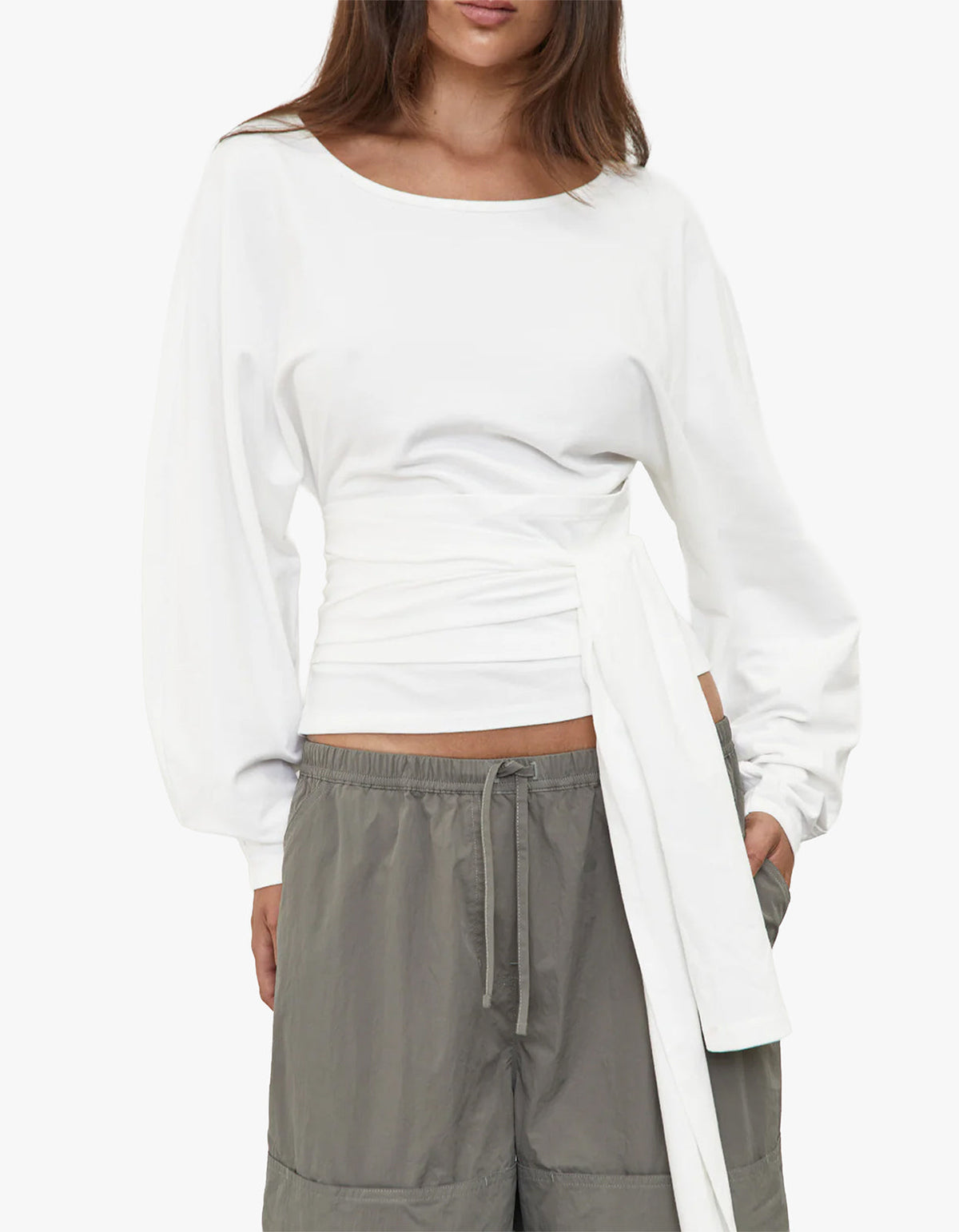 Waist Wrap Long Sleeve Top - White