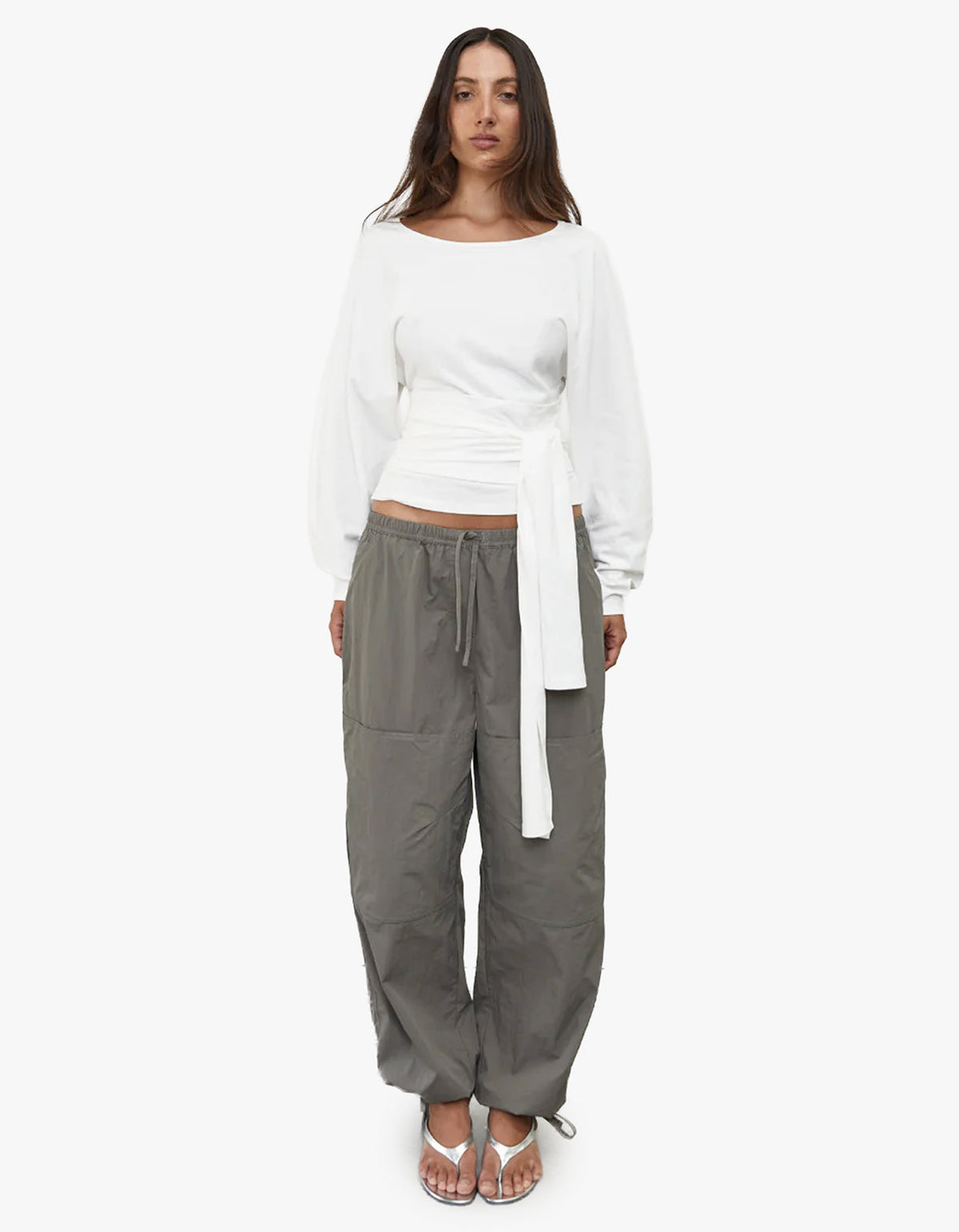 Waist Wrap Long Sleeve Top - White