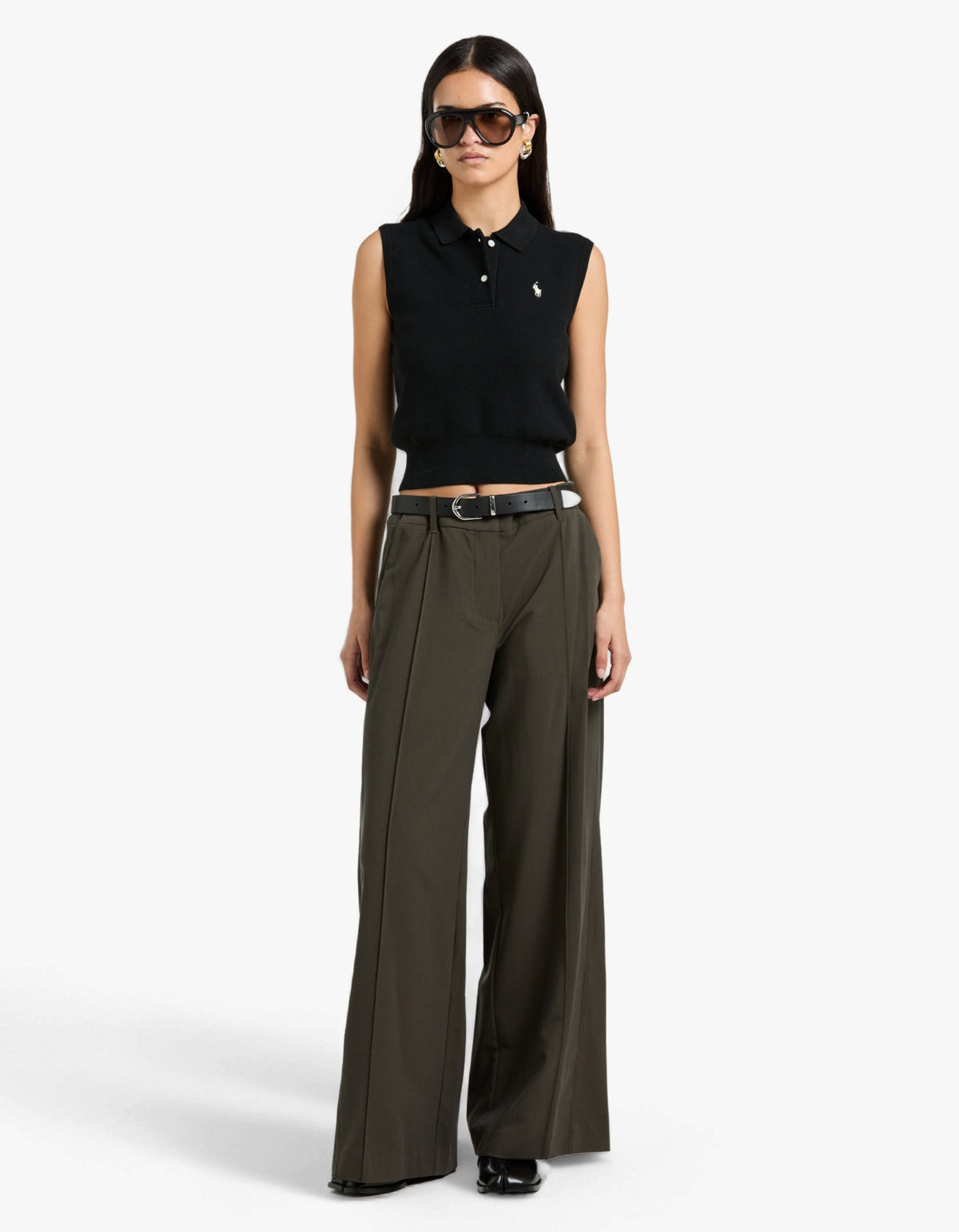 Cotton Cropped Sleeveless Polo Sweater - Polo Black